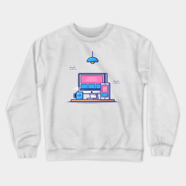 Desktop With Hand Phone And Coffee Cartoon Vector Icon Illustration Crewneck Sweatshirt by Catalyst Labs